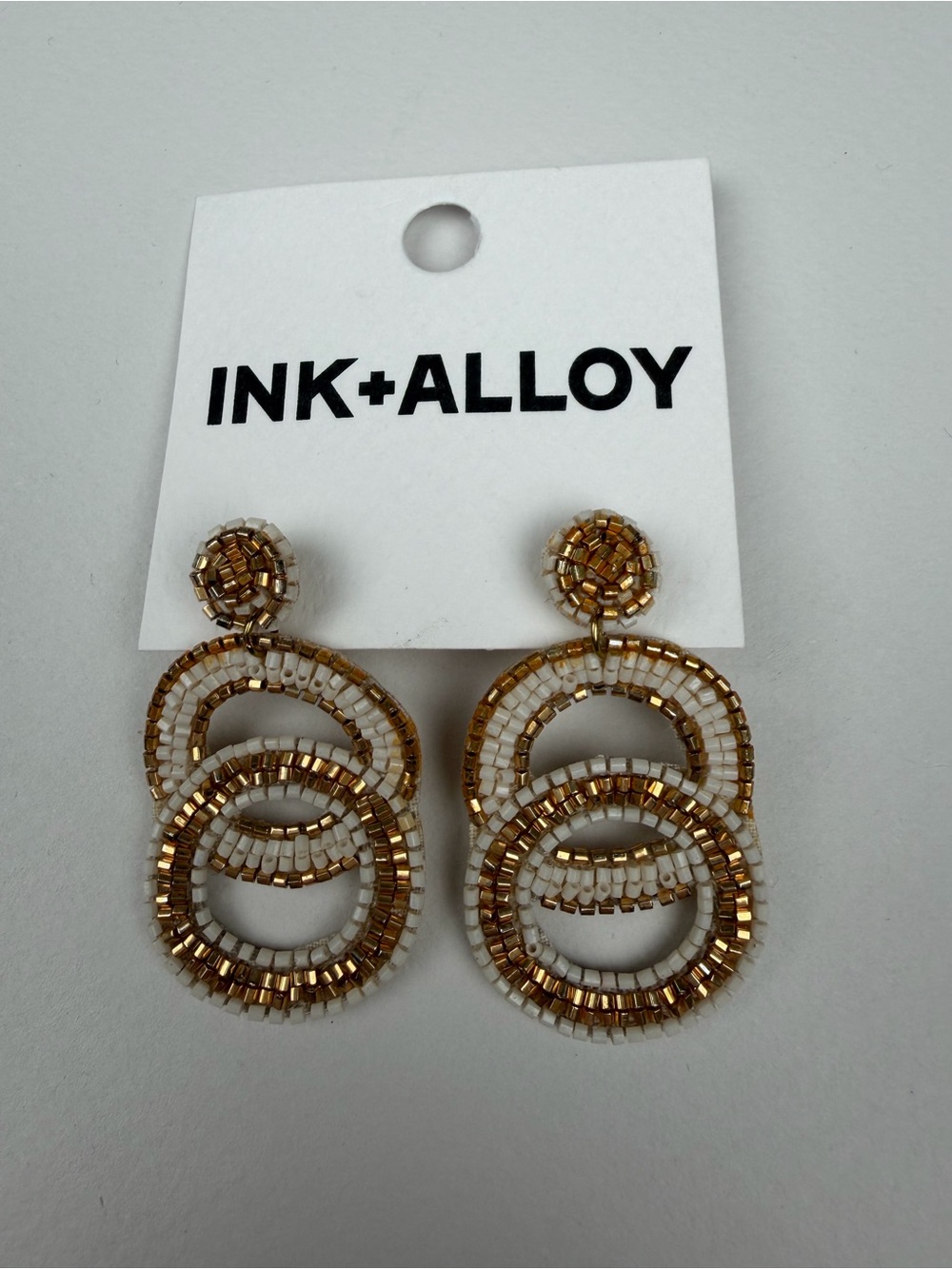 INK+ALLOY Gold and White Beaded Drop Hoop Earrings